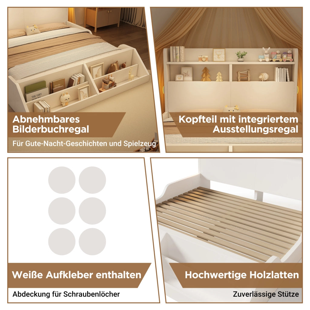 LETTO 140x200 cm Bianco in legno con libreria e luci notturne