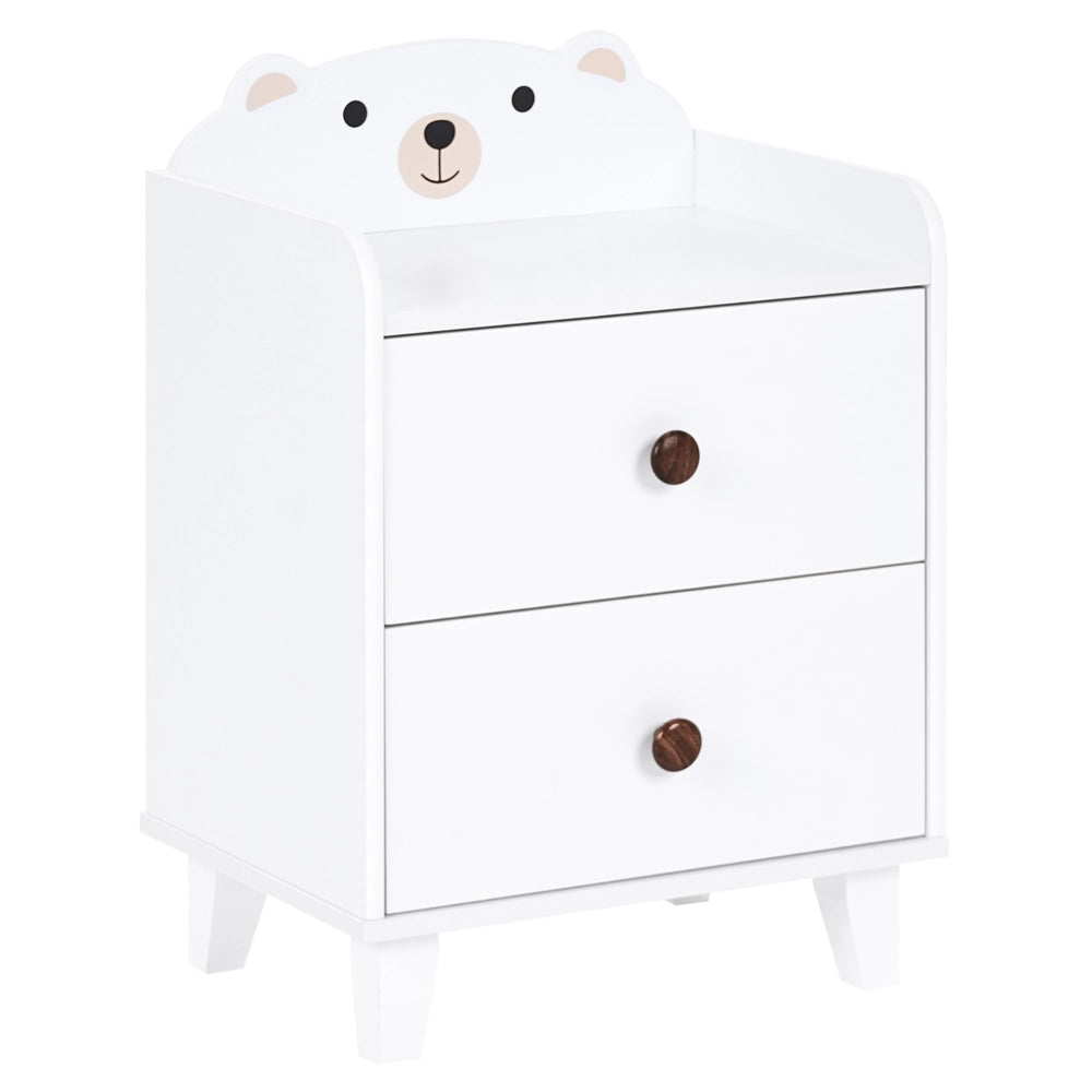 Comodino da Notte per Bambini Stile Scandinavo Tema Animale Bianco in MDF e Gambe in Legno di Pino