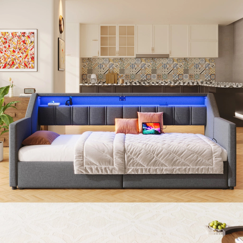 Letto estraibile singolo 90×200 cm e 180×200 cm con USB; Type-C; LED; 2 cassetti; senza materasso; grigio