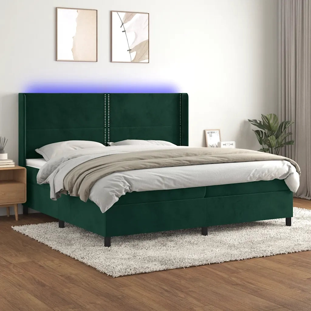 Letto a Molle con Materasso e LED Verde Scuro 200x200cm Velluto 3139526