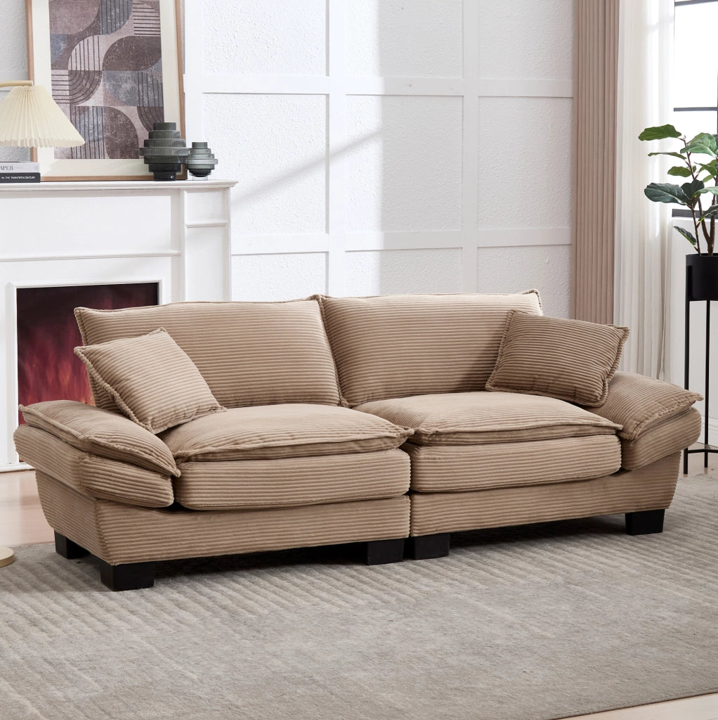 Divano 2 posti in corduroy khaki con braccioli e cuscini; 224x81x81 cm