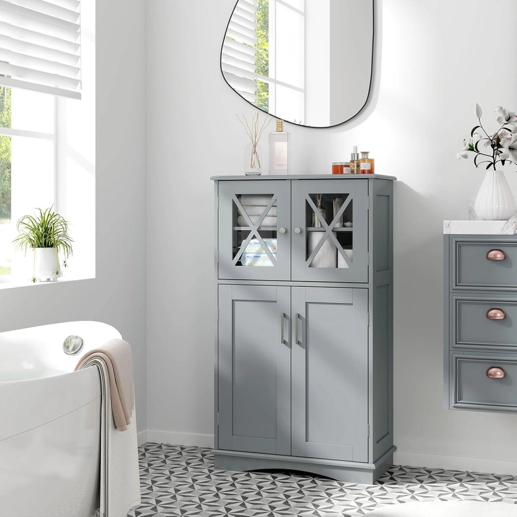 Armadietto da bagno in MDF, armadio indipendente con 4 ante e 3 ripiani regolabili, mobile bagno a pavimento per cucina, ufficio, 60 x 30 x 108 cm (grigio)