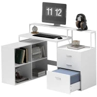 Scrivania Ufficio con 2 Tavoli, 4 Ripiani, 3 Cassetti e Supporto per Monitor, in Legno, 138.5x90x92 cm, Bianco
