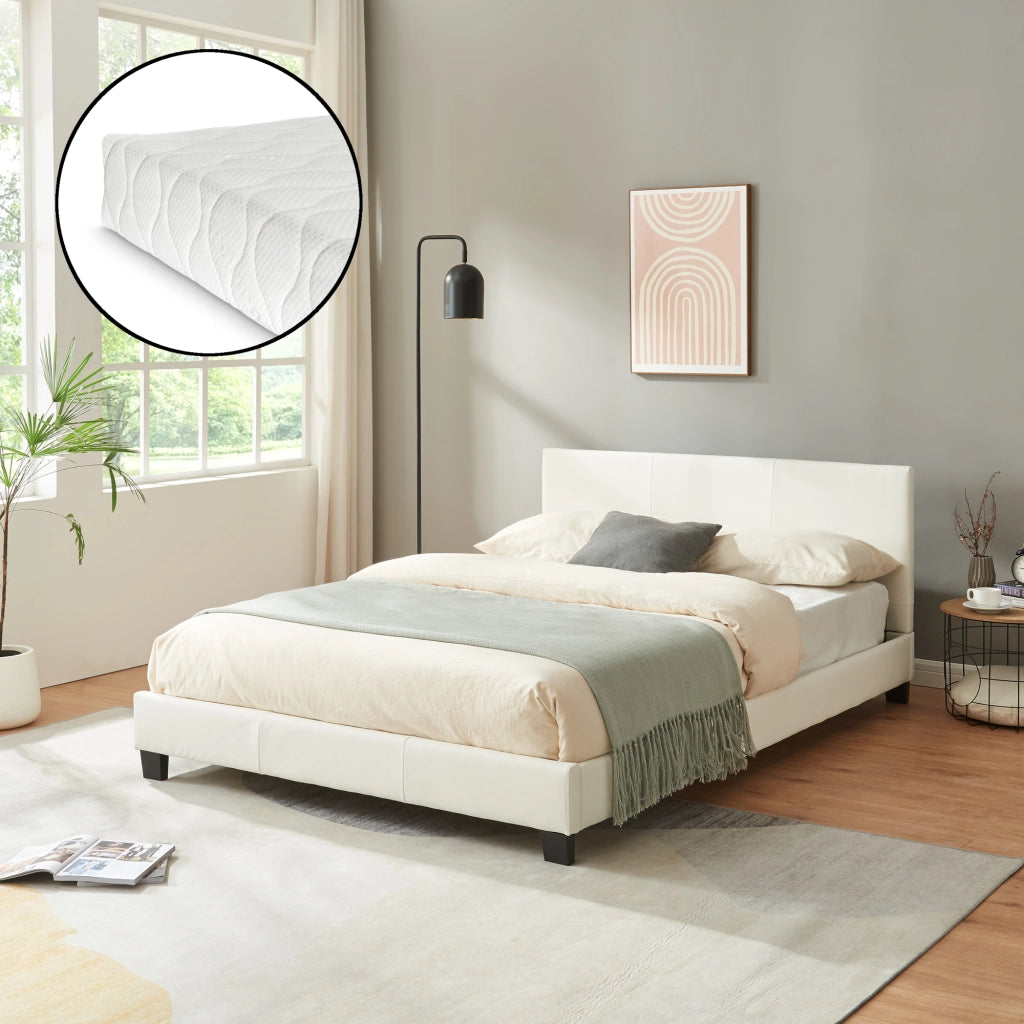 Letto Francese Albacete con Testiera Alta e Materasso 140x200 cm Similpelle Bianco Corium