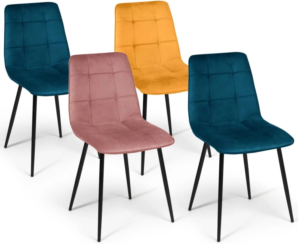 Lote de 4 sillas MILA en mezcla de terciopelo color azul x2, amarillo ocre, rosa