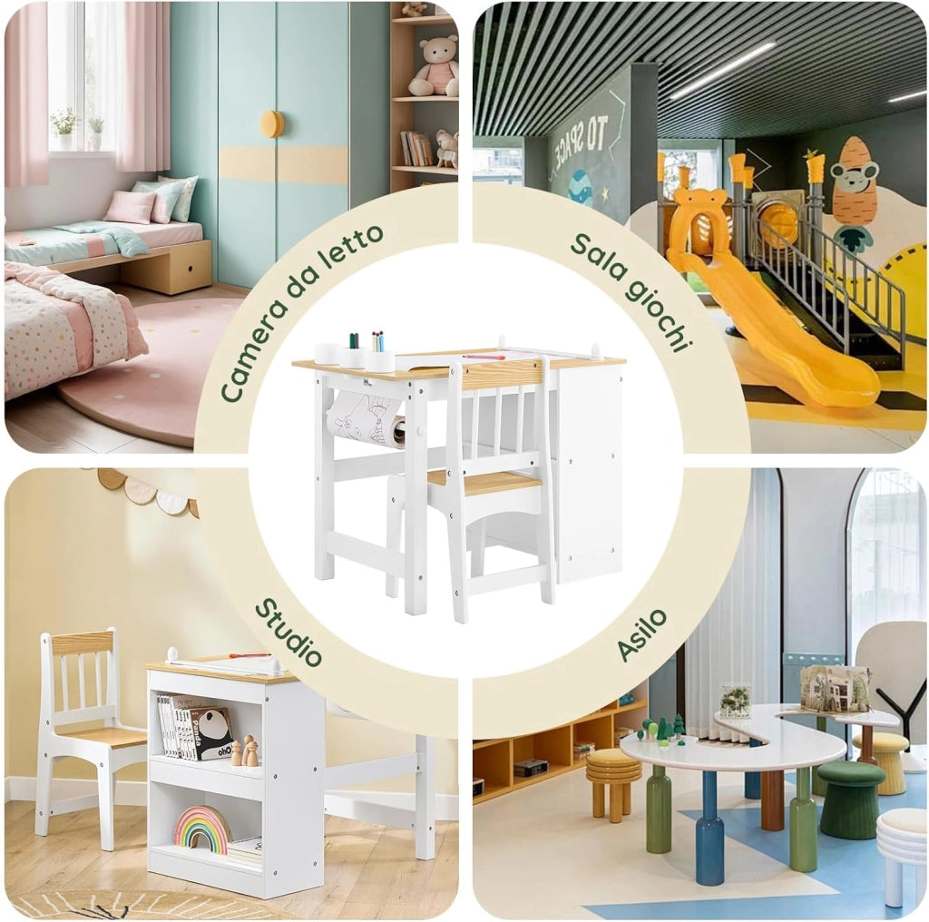 Tavolino Bambini con 1 Sedia, Set Tavolo e Sedie per Bambini Multiattività con 2 Ripiani, Tavolo Disegno e Gioco, Sedia Scrivania Cameretta Bianco e Naturale 80x50x66cm KMB60-WN
