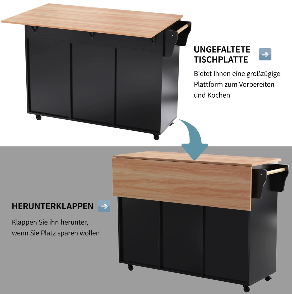 Carrello cucina nero con piano pieghevole e ruote