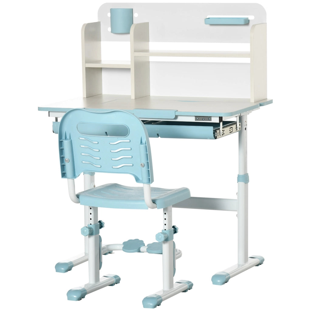 Set Scrivania e Sedia per Bambini da 3 Anni Regolabile, Tavolo Inclinabile a 60¡ã con Cassetto e Ripiani, Blu