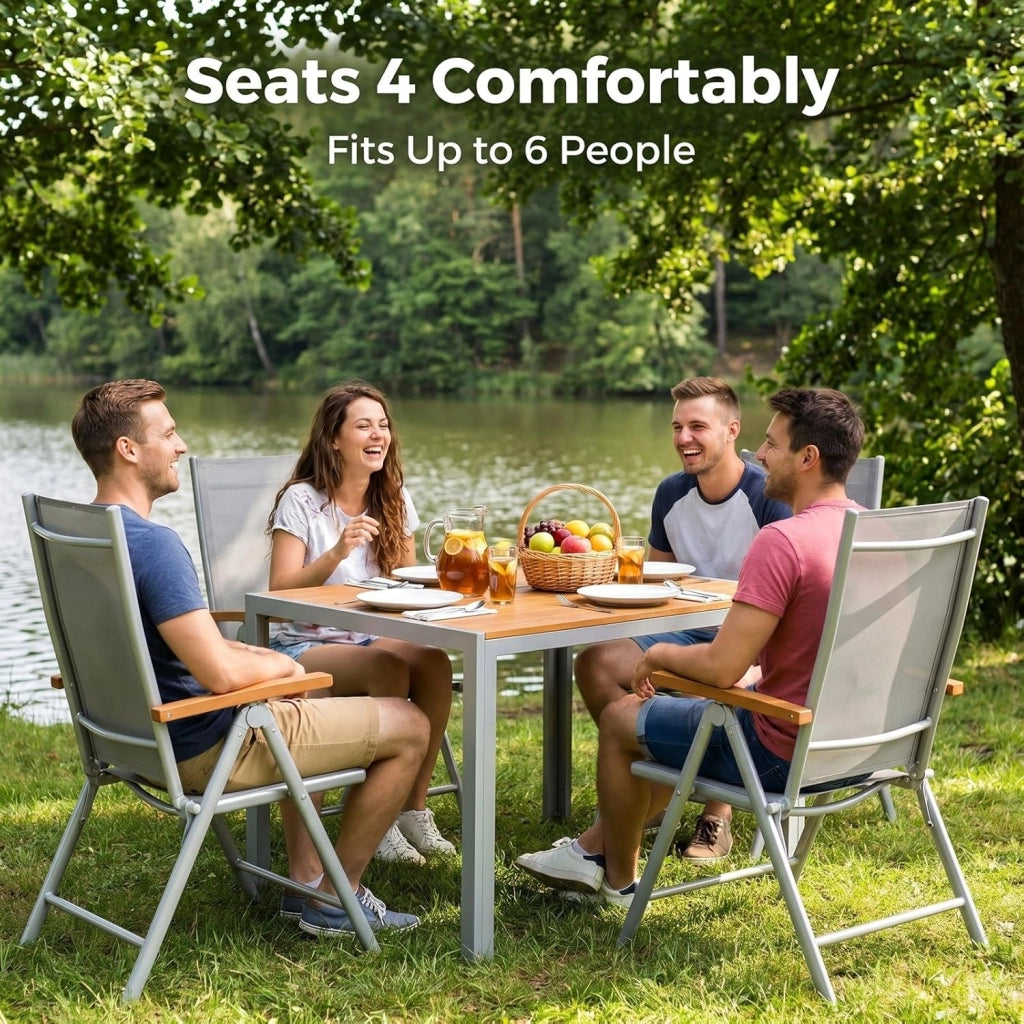 Tavolo da Giardino Moderno in WPC 110 x 70 cm, Tavolo da Pranzo per Esterno per 4-6 Persone, Tavolo da Balcone Salvaspazio in Alluminio, Design Effetto Legno,Marrone Teak + Grigio Chiaro
