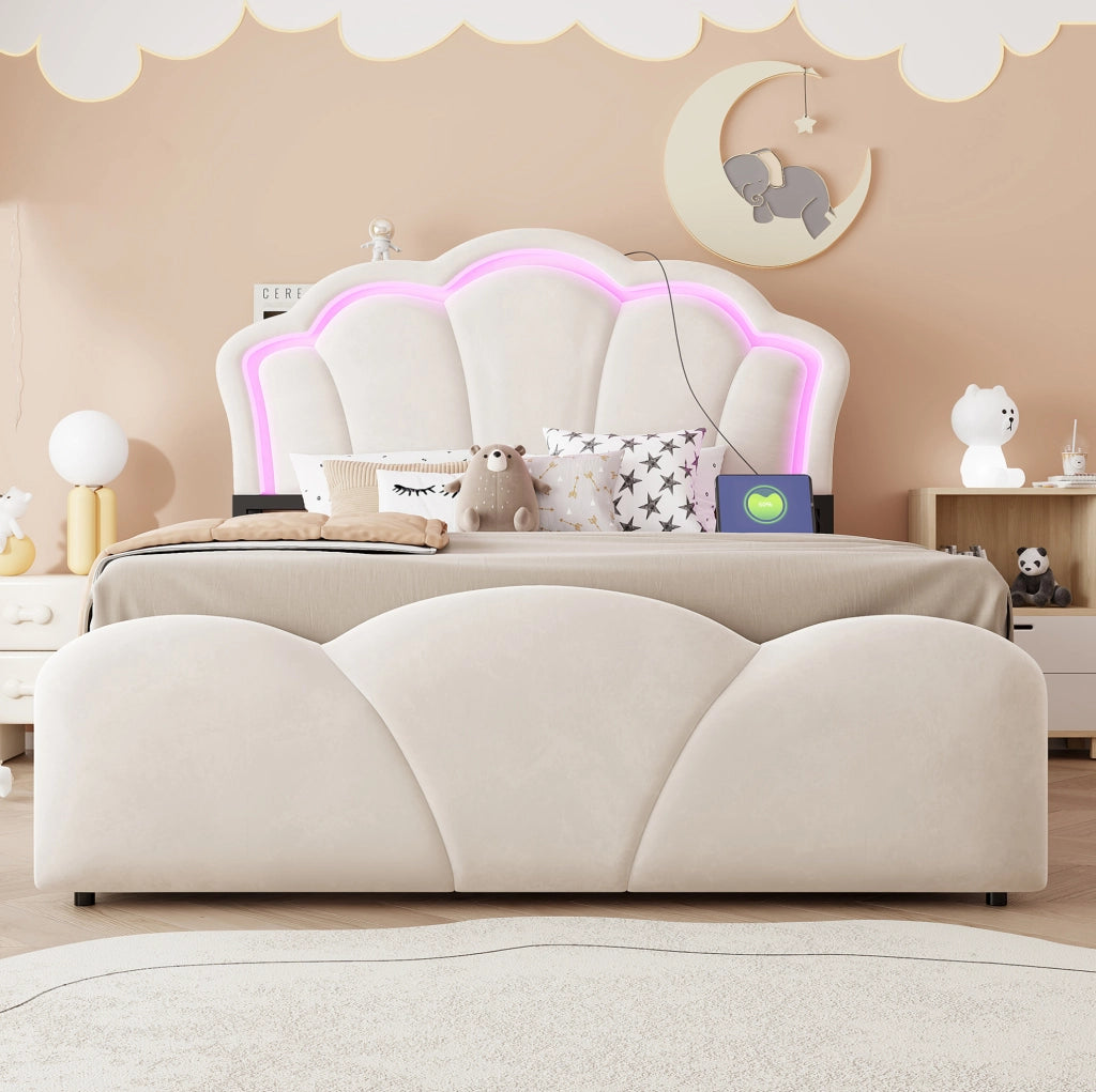Letto imbottito 140x200 cm con vano contenitore, LED e prese integrate