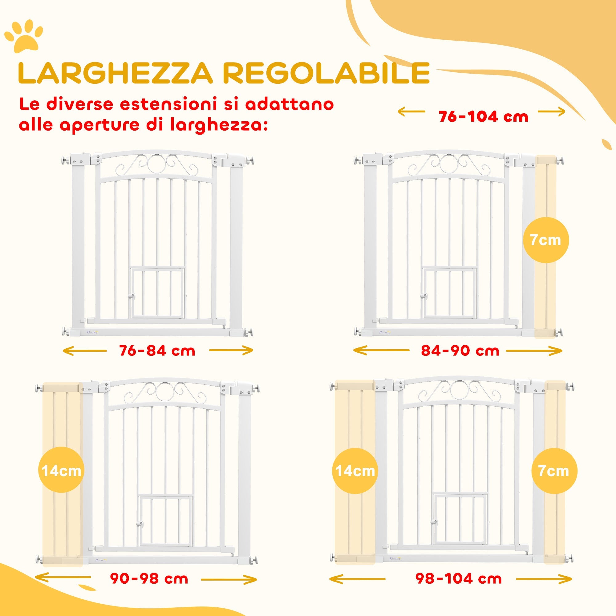 Cancelletto di Sicurezza per Animali con Estensioni 76-104x77cm Porta per Gatti Bianco