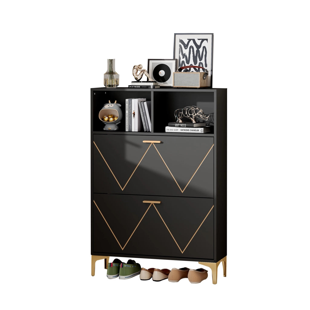 Scarpiera con 4 ante ribaltabili e 4 vani aperti, mobile ingresso con piano d'appoggio, in MDF nero, 80 × 25 × 117 cm