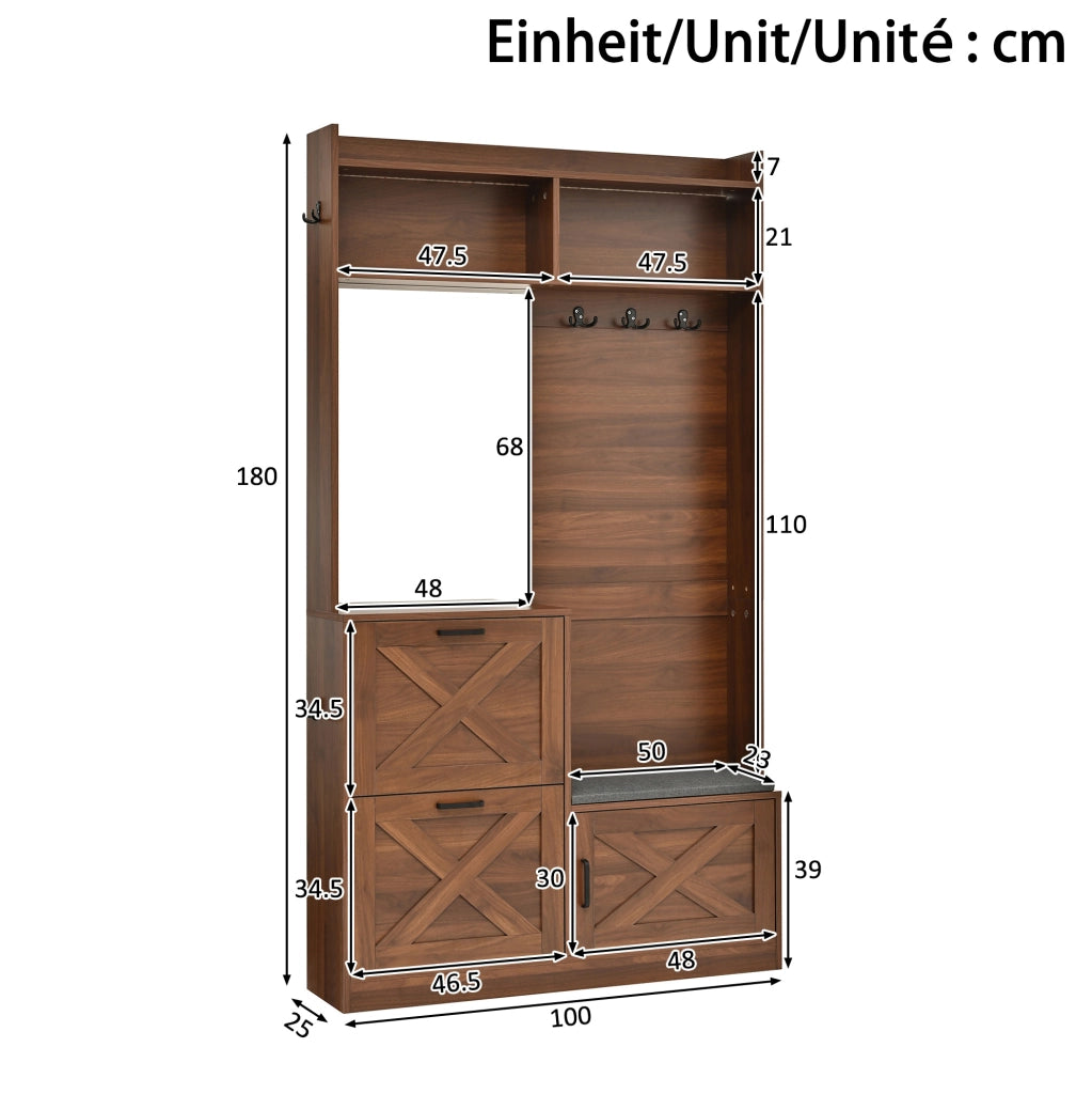 Garderoba 100x25x180 cm con specchio a figura intera e LED regolabile via app; MDF e pannello truciolare; noce