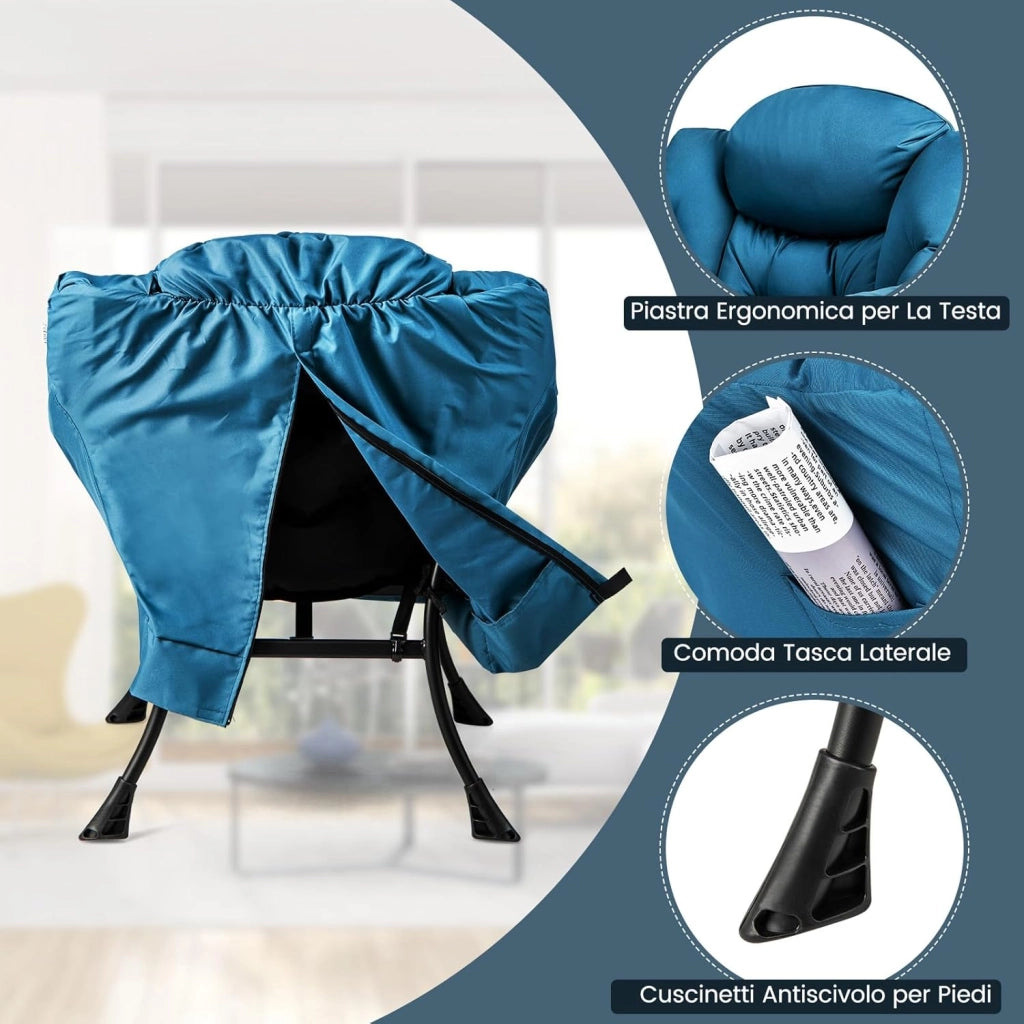 Poltrona Pigra con Poggiapiedi, Poltrona da Lettura Moderna con Cuscino, Braccioli, Poltrona d'Accento per Soggiorno, Camera da Letto, Ufficio e Esterno (blu)