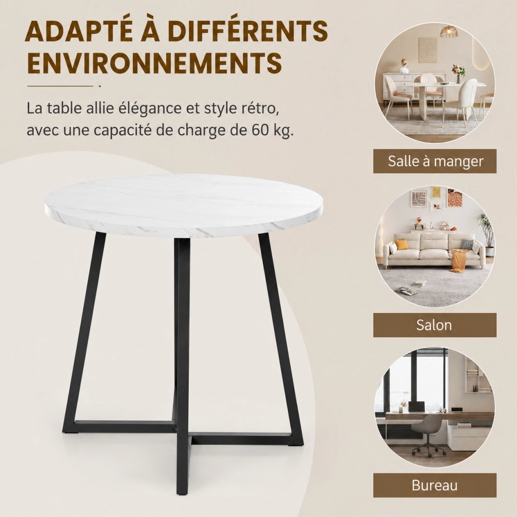 Tavolo da pranzo rotondo 80x75 cm con piano effetto marmo; gambe regolabili in MDF bianco
