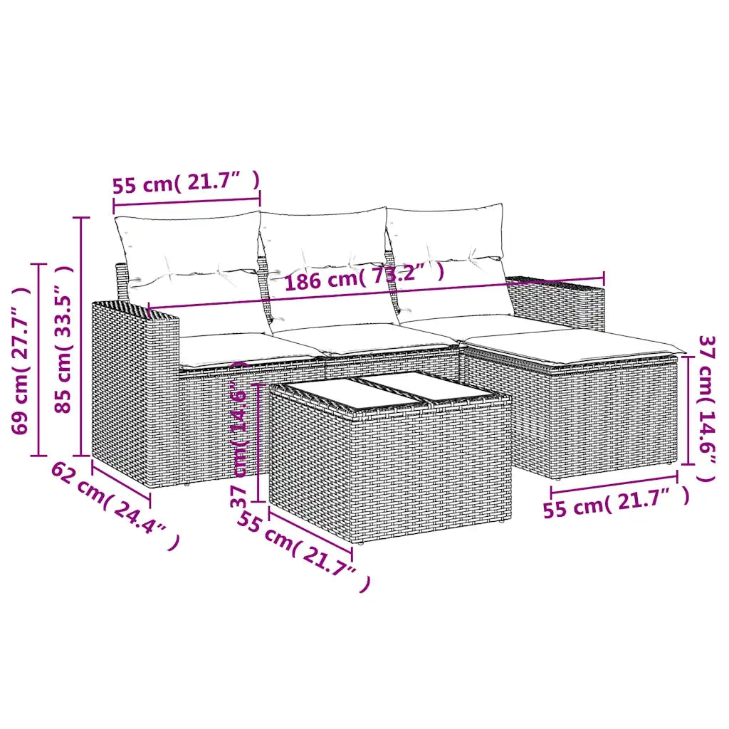 Set Divani da Giardino 5 pz | Set Salotto da Giardino con Cuscini in Polyrattan Nero