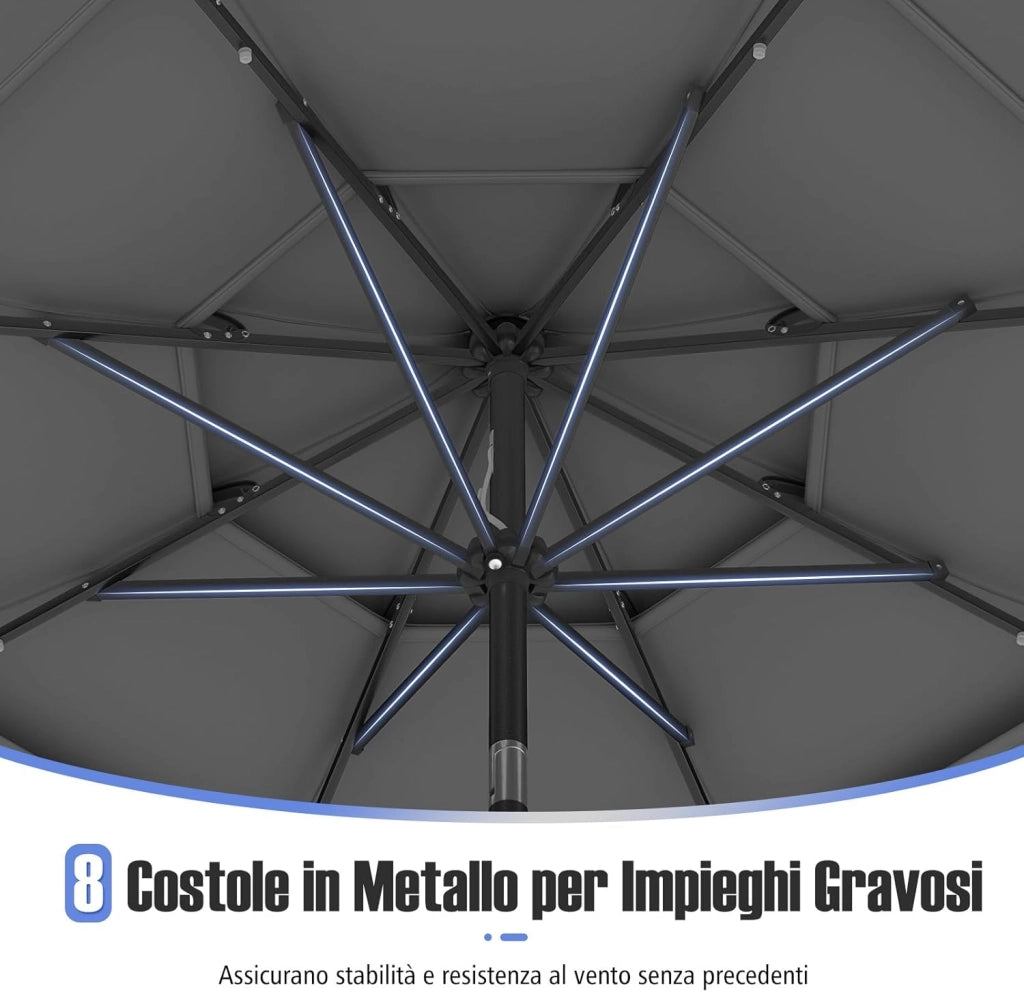 Ombrellone da Patio 297 cm con 32 Luci LED, Tetto Ventilato a 3 Piani, Inclinazioni Regolabili, Manovella, 8 Stecche, Ombrellone da Giardino, Piscina, Spiaggia (Grigio)