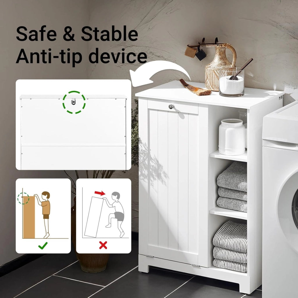 Mobiletto da Bagno con Sacco per Biancheria – Mobile con Cesto a Ribalta e 3 Ripiani – Mobile Salvaspazio, Arredo Bagno in Legno per Spazi Ridotti, Bianco, 60x86x37cm, BZR105-W