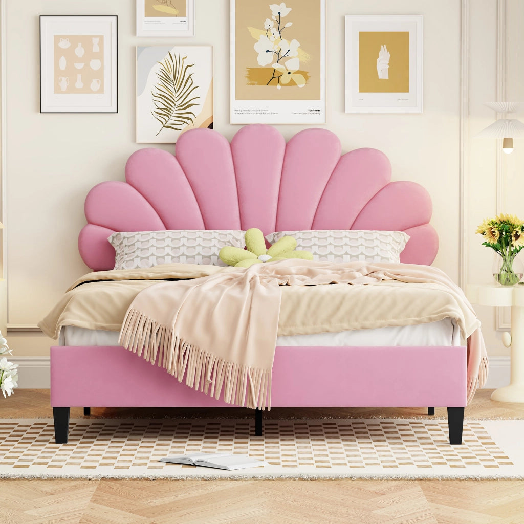 OKWISH Letto Imbottito 140×200 cm, Letto Matrimoniale con Testiera a Fiore e 12 Doghe Rinforzate, senza Materasso, Rosa