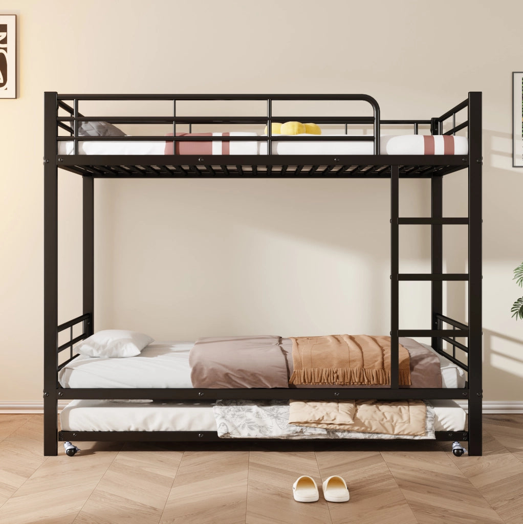 Letto a castello in ferro nero con letto estraibile, adatto per bambini e ragazzi, 90x200 cm e 90x190 cm