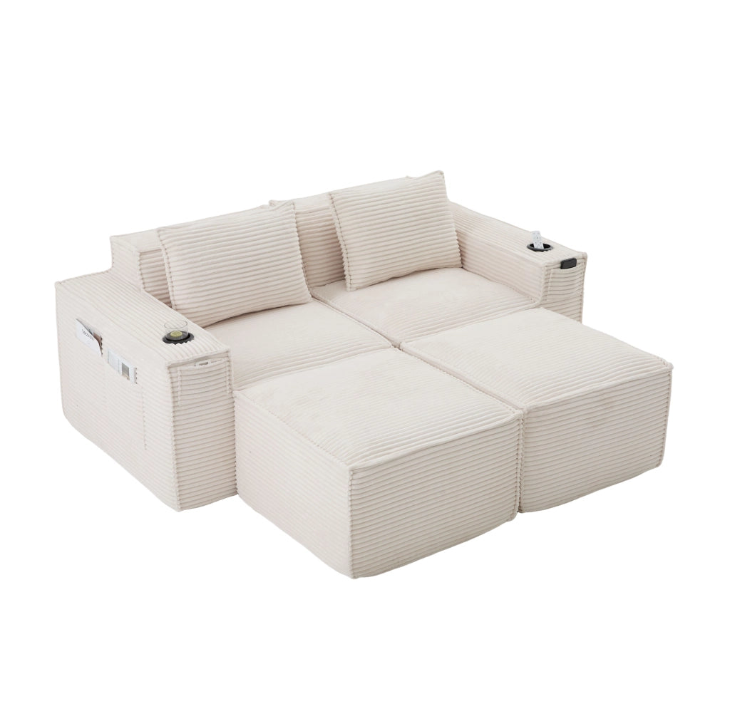 Divano modulare 2 posti con 2 pouf e portabevande in velluto a coste beige