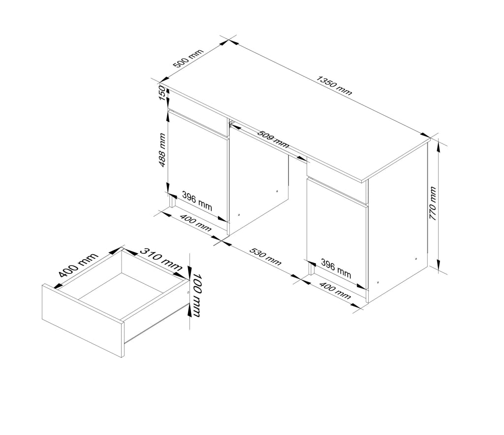 Scrivania per computer AKORD A5 Sonoma Quercia 135 cm 2 ante 2 cassetti inserto frontale Bianco 135x50x77 cm