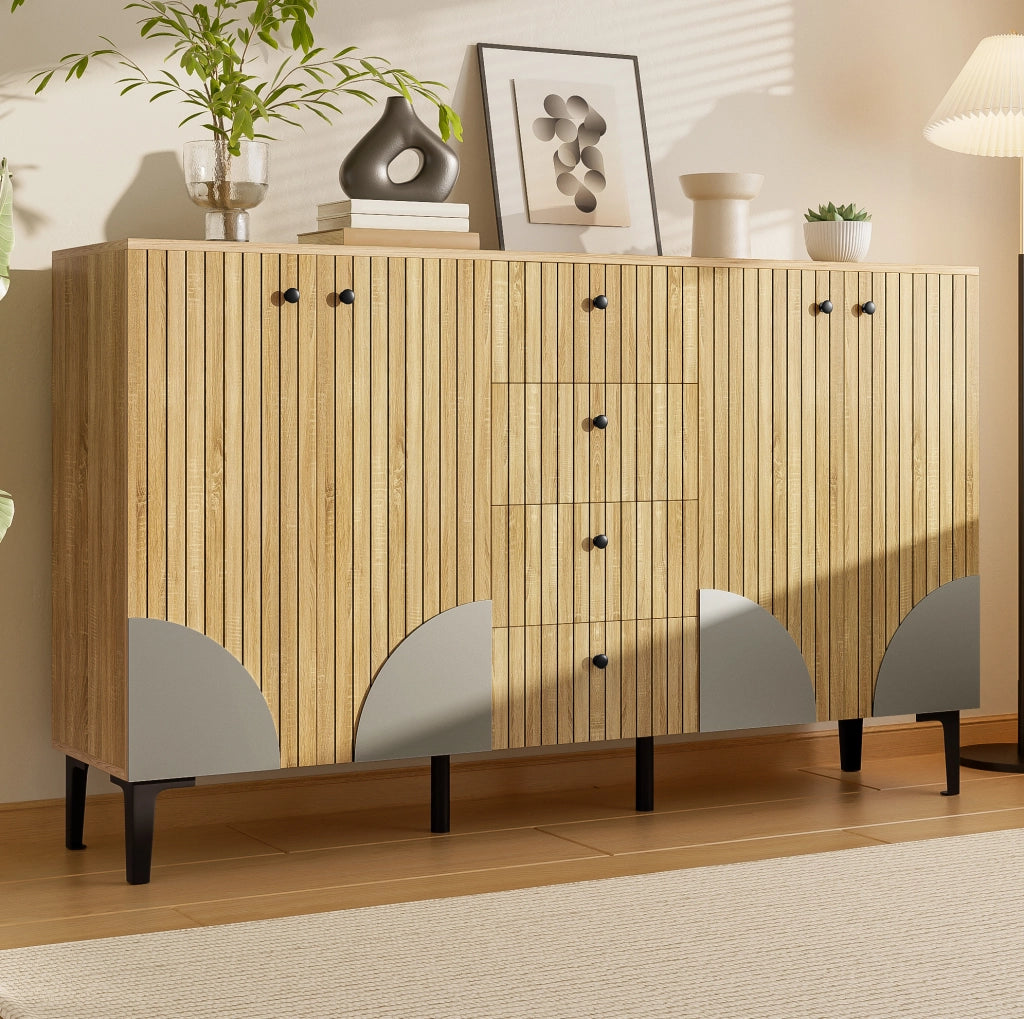 Credenza 160x36x94 cm con 4 ante e 4 cassetti in pannello di particelle naturale