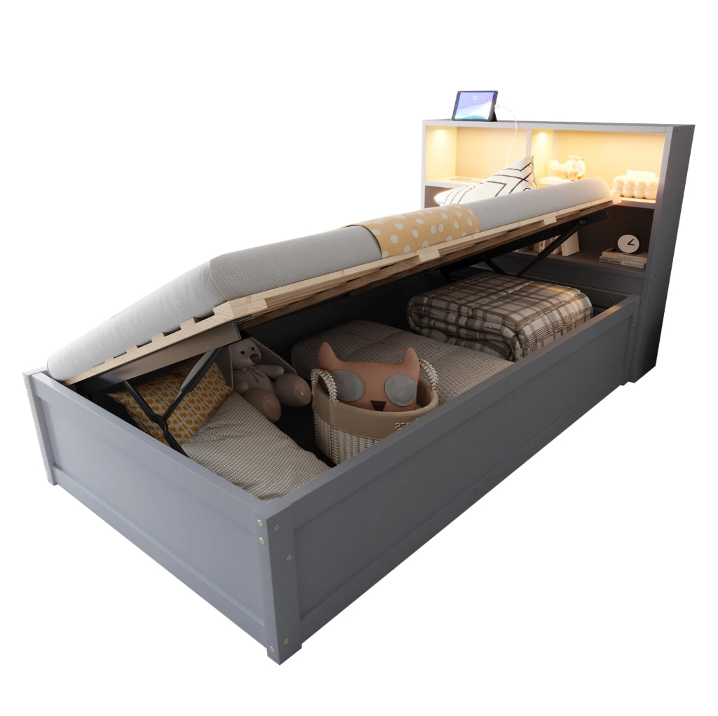 Letto singolo multifunzione con LED, presa integrata e 4 vani contenitivi