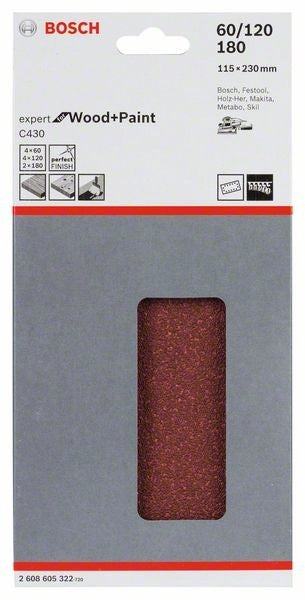 2608605322 -Set 10 Fogli abrasivi C430, 115 x 230 mm, 4xP60- 4xP120- 2xP180, EXPERT for LEGNO+VERNICE