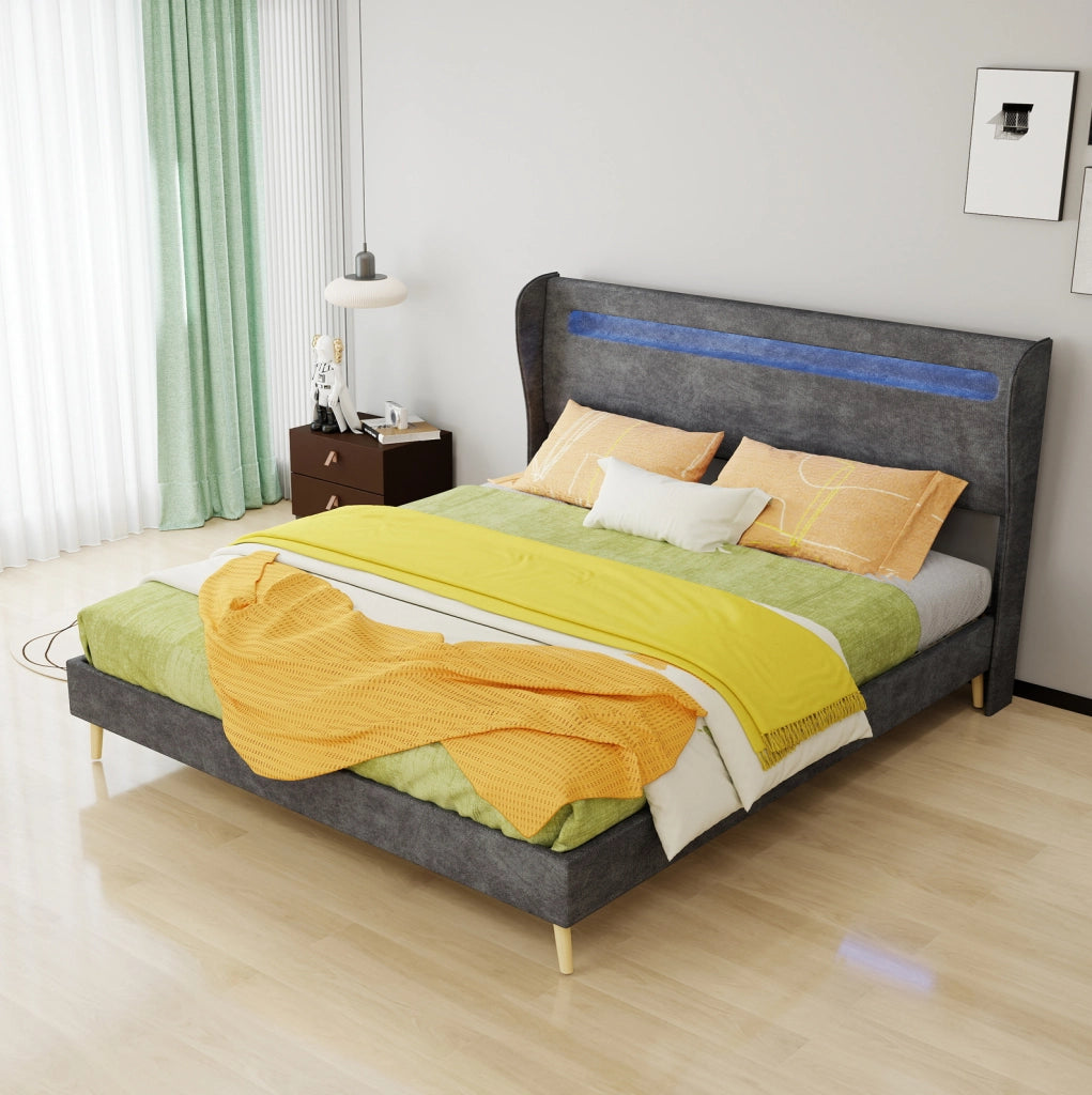 Letto basso con LED a colori regolabili 160x200 cm in tessuto e metallo grigio