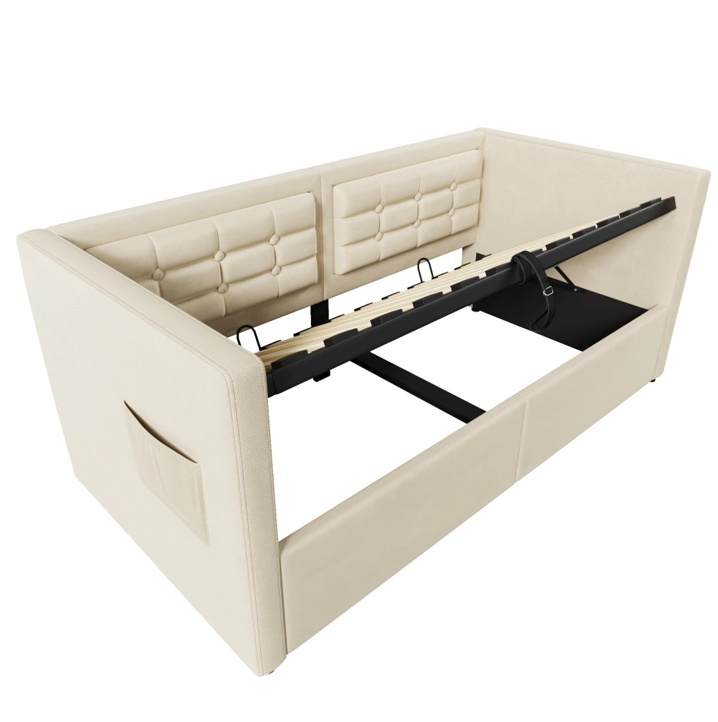 Divano letto 90x200 cm in velluto beige con vano contenitore idraulico e ricarica USB/Type-C