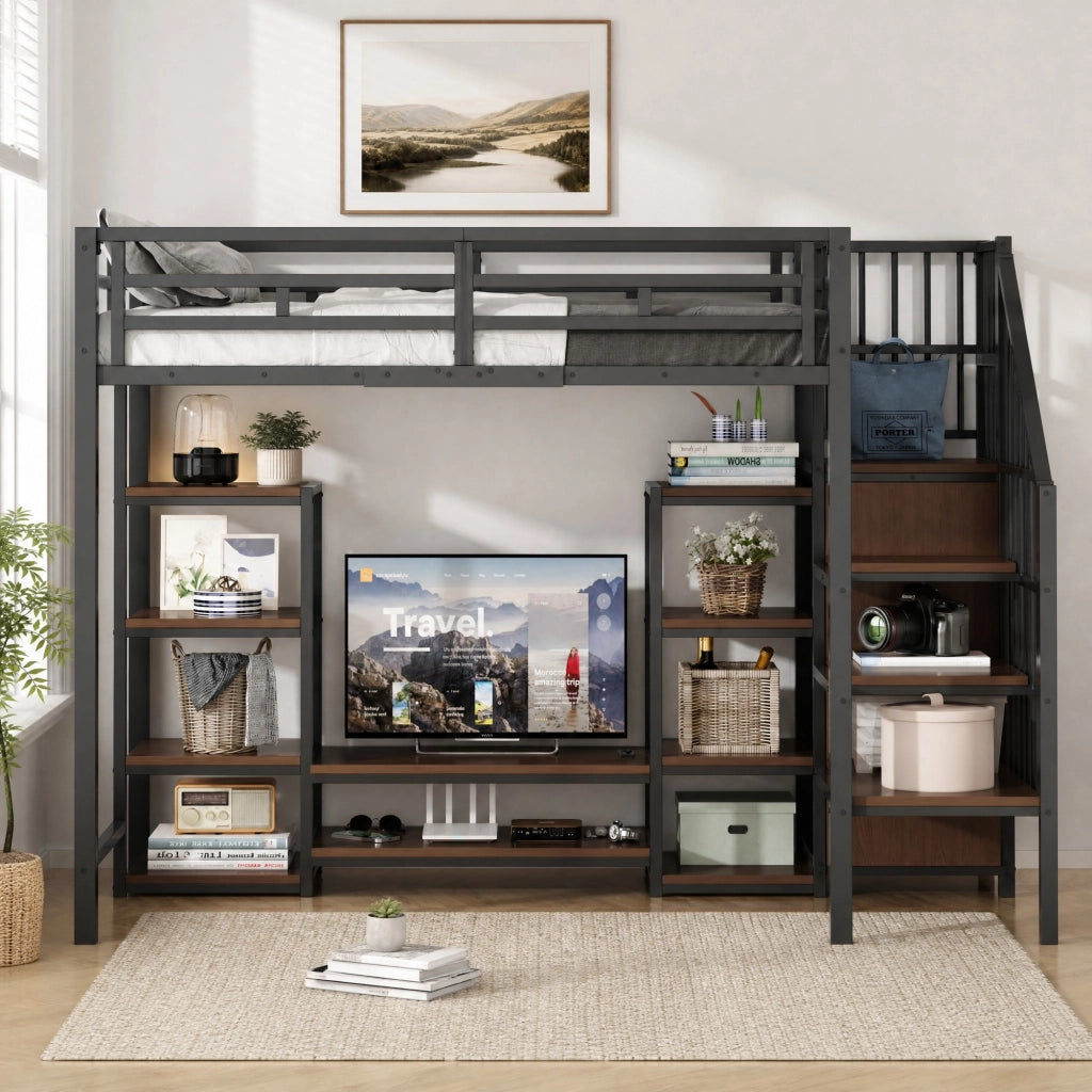 LETTO SOPPALCATO 90x200 cm Nero in Metallo con TV e presa