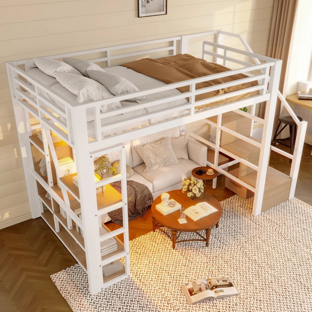 LETTO a soppalco 140 x 200 cm metallo e MDF bianco con LED