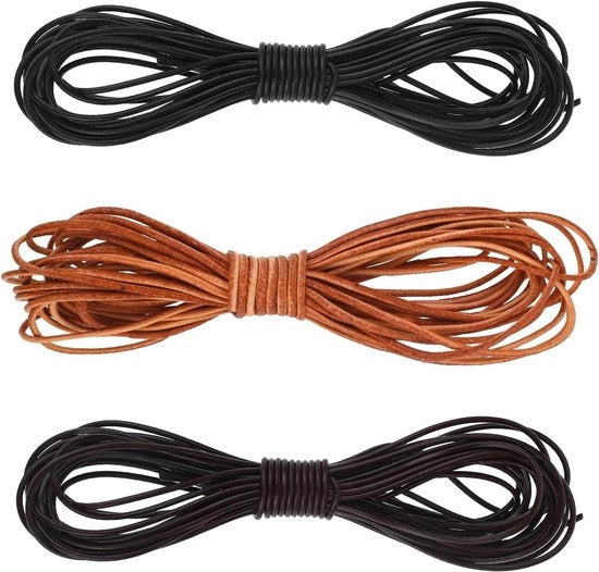 Lacca in corda di cuoio 5 metri x 15 mm rotonda nera per artigianato DIY - adatto per fermacarte, bracciali, collane, cinture - resistente alle scuffie - 3 rotoli - con confezione regalo