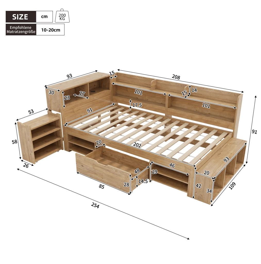 Letto per bambini 90x200 cm con cassetti; scaffali e contenitori in multistrato colore naturale