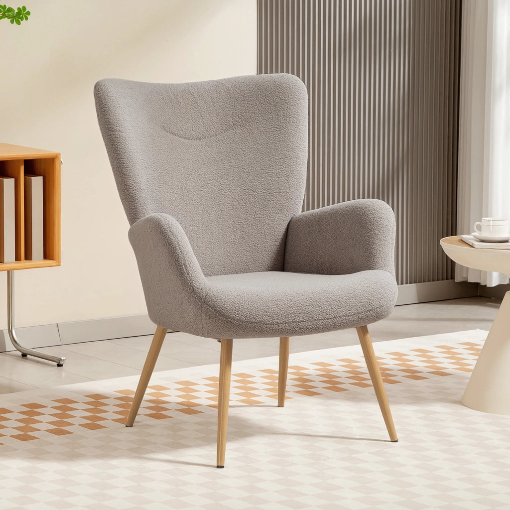 Poltrona imbottita in tessuto boucl¨¨ con schienale alto e braccioli ¨C Zephmum ¨C Grigio 71x74x97,5cm