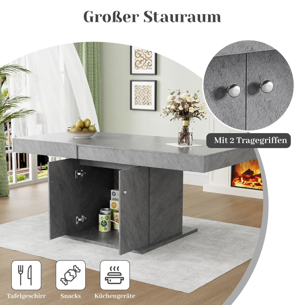 Tavolo da pranzo allungabile con vano contenitore e 2 maniglie, in truciolare e metallo, per cucina e sala da pranzo, grigio