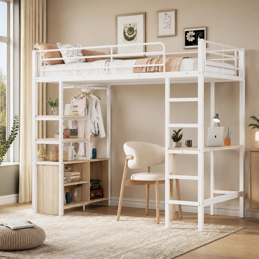 Letto a soppalco 90x200 cm con scrivania, prese USB e ripiani