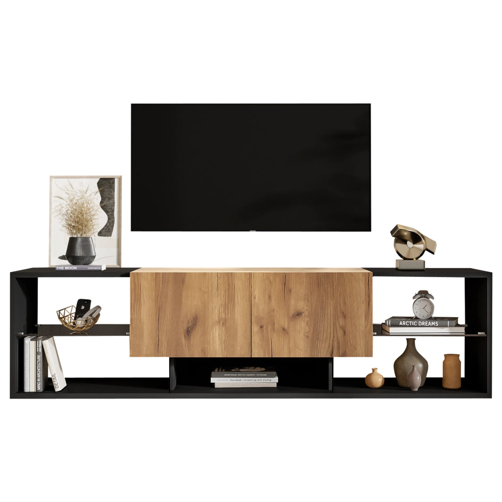 Mobile TV 3 livelli per TV fino a 70" - Zephmum- con vetro e 2 cassetti, nero