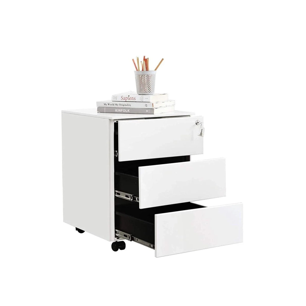 Mobiletto per ufficio in metallo con serratura 3 cassetti per documenti e cancelleria preassemblato per l'ufficio domestico 39 x 45 x 55 cm (L x P x A) bianco 12_0003687