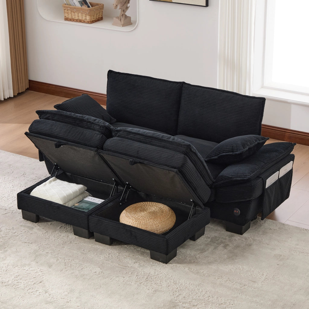 Divano modulare 2 posti con schienale ergonomico, porta USB-C e tasche laterali, con pouf in tessuto corduroy nero