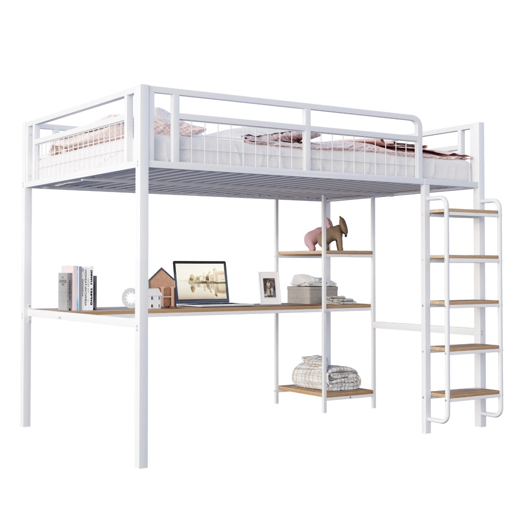 Letto a soppalco in metallo 140x200 cm con scrivania e ripiani