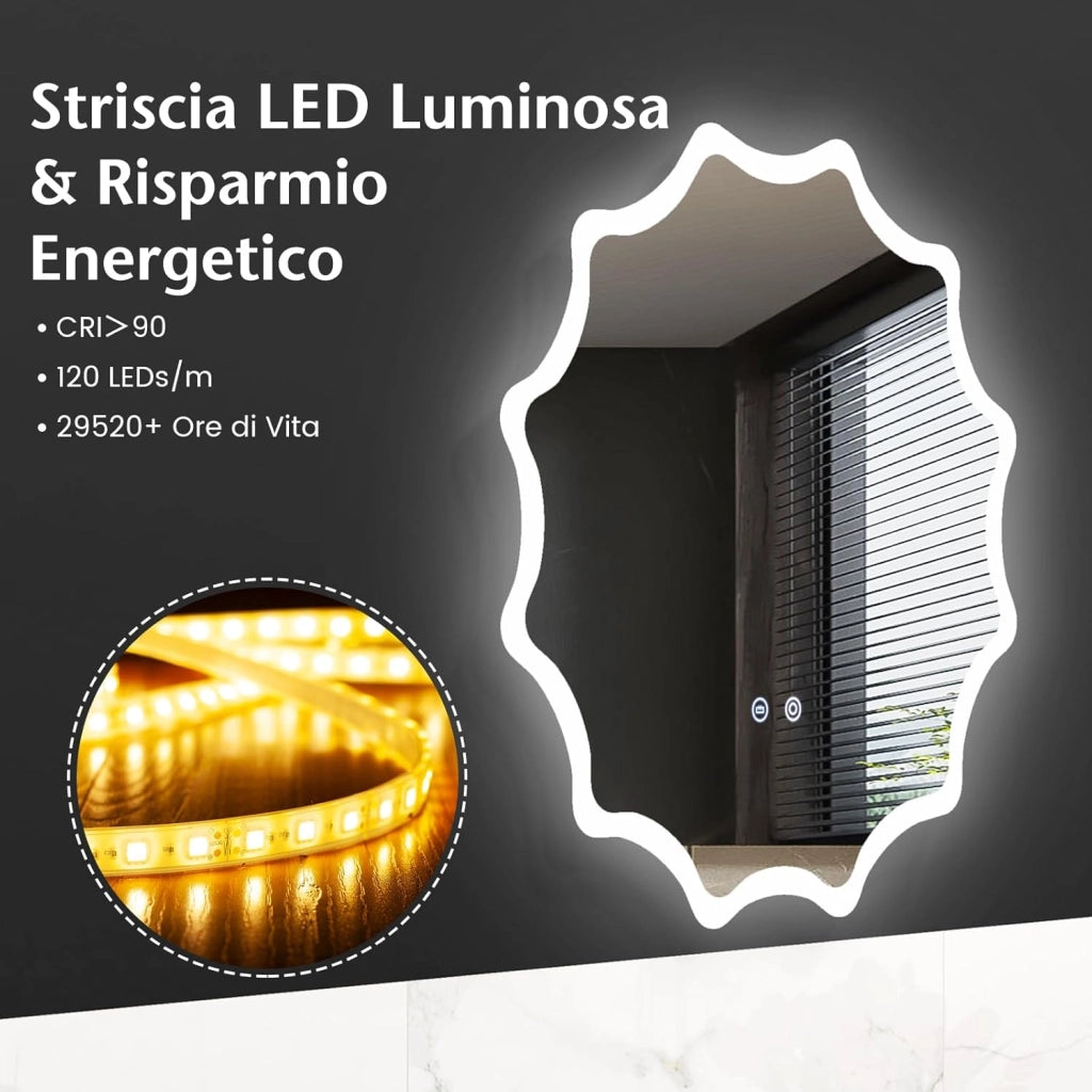 60x60cm Specchio da Bagno a LED, Specchio da Parete Rotondo con Bordo Ondulato, Luci 3 Colori e Anti-appannamento, Specchio per Trucco Illuminato Regolabile con Luce Anti-esplosione e Pulsante