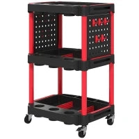 Carrello Porta Attrezzi a 3 Livelli in Plastica con Pannello Forato Laterale, Nero e Rosso