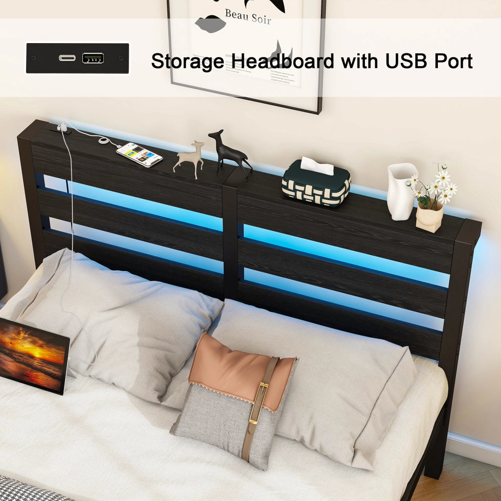 Letto matrimoniale 120x200 cm in metallo con LED RGB, 2 USB e spazio contenitore