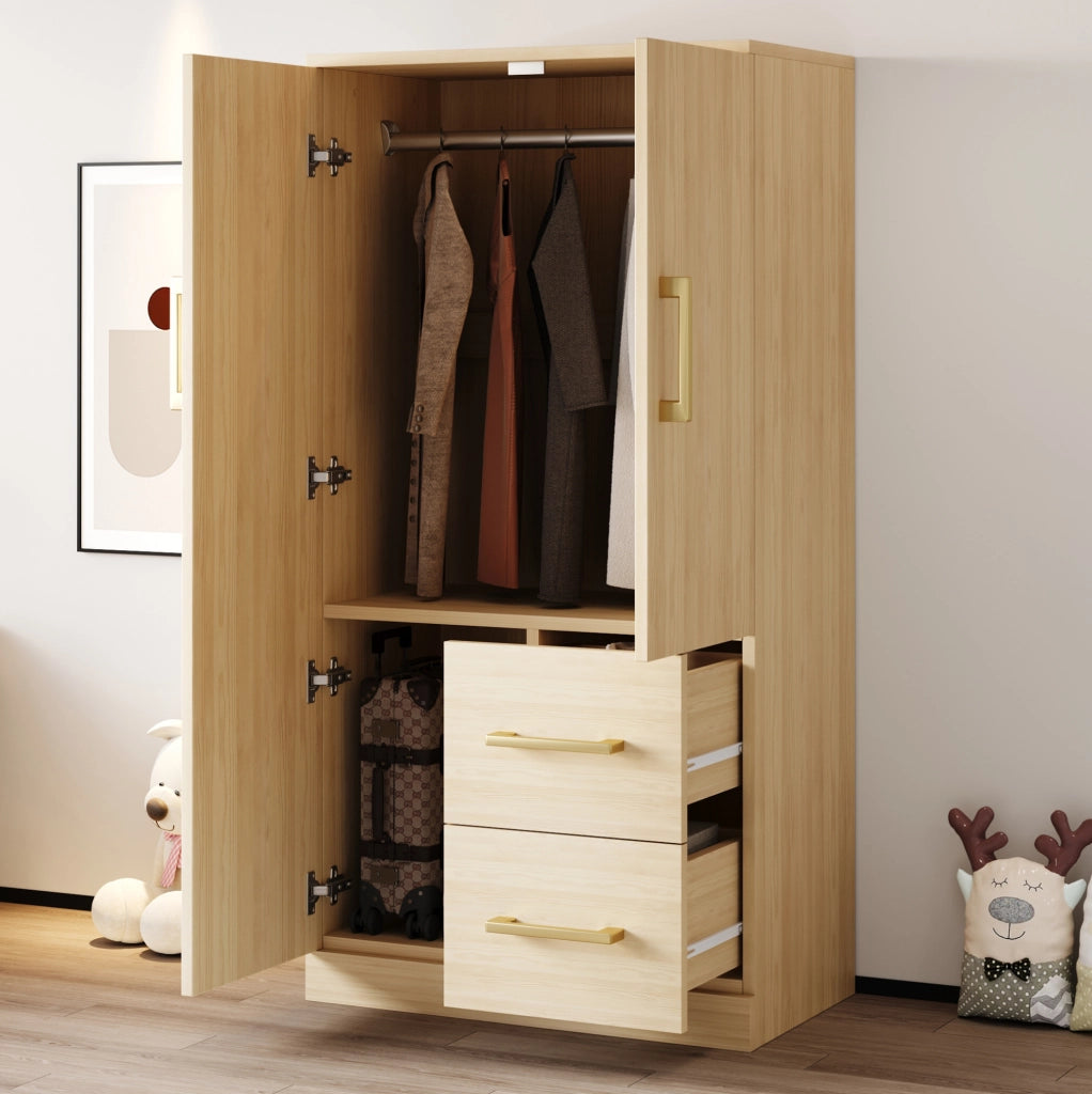 Armadio per cameretta 70x40x135 cm con 2 ante; 2 cassetti e vano; naturale