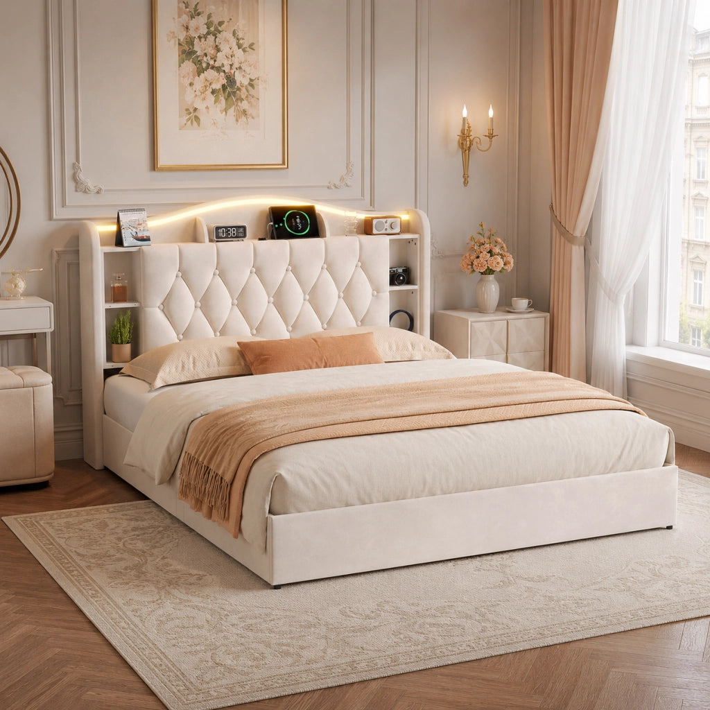 Letto a molle a sollevamento idraulico, testiera velluto beige, con luci LED RGB, stazioni di ricarica USB e wireless, scomparti porta oggetti, 160x200 cm