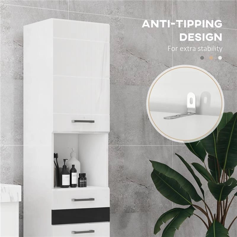 COLONNA BAGNO IN MDF CON RIPIANO APERTO, CASSETTO E ARMADIETTO CHIUSO, 37X32.5X170 CM, BIANCO