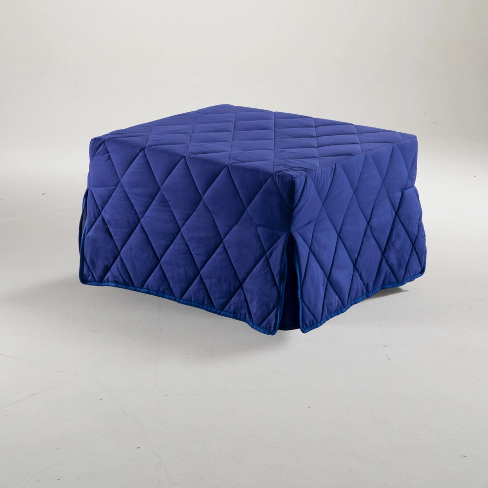 Pouf letto blu che diventa comodo materassino alto 10 per ospiti inattesi. Cubo letto, materassino con rete apribile con dimensione 76x210 x 10 di altezza