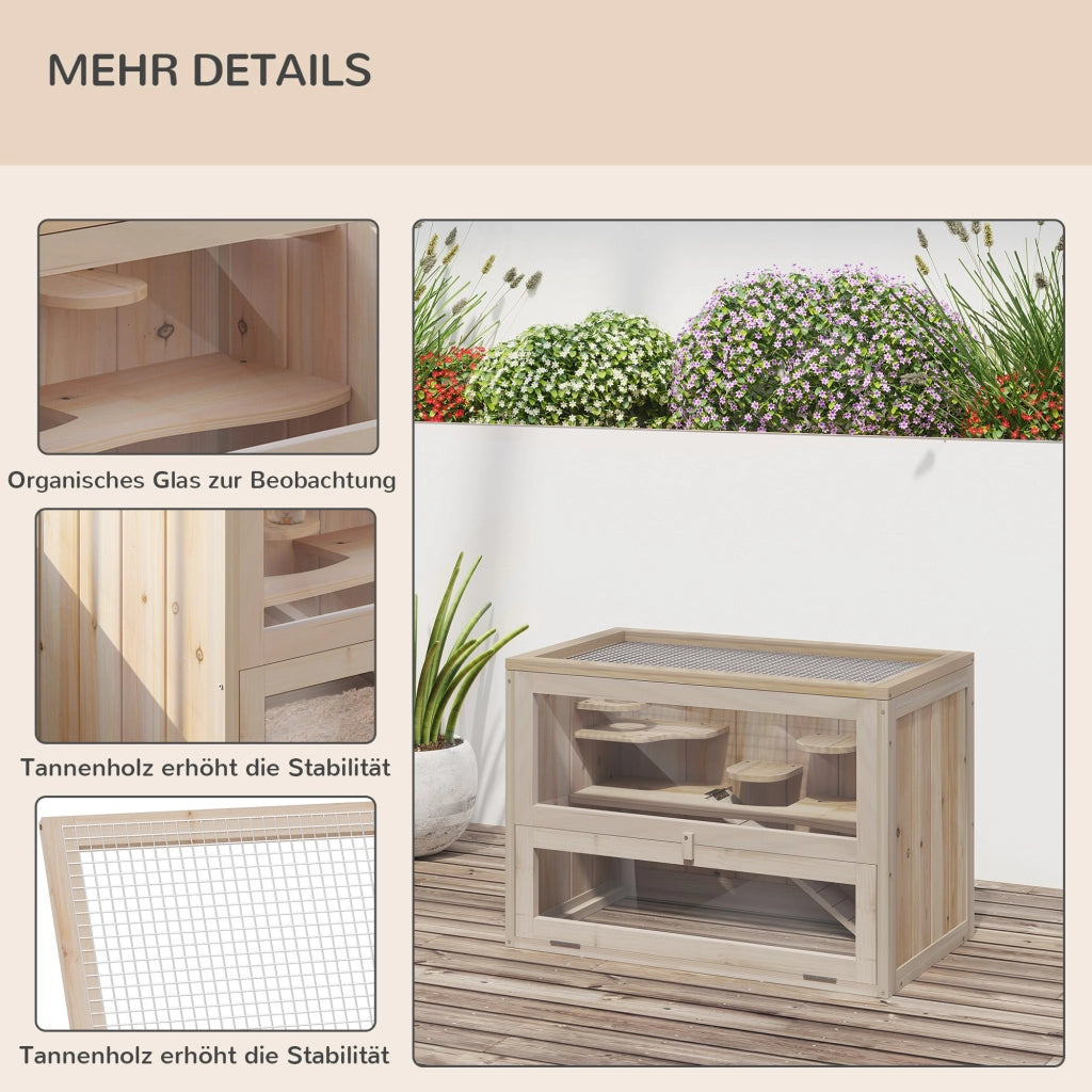 Gabbia per Criceti in Legno 2 Piani con Tetto a Gabbia Apribile ¨C zephmum ¨C 60x35x42 cm Naturale